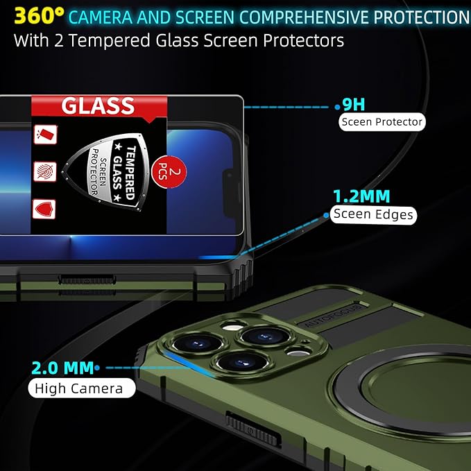 for iPhone 13 Pro Max Case Magnetic Compatible with Magnetic Wireless Charging,with 2 Screen Protectors,with Kickstand Shockproof Shock-Absorbent Heavy Duty Protection Scratch Resistant Green