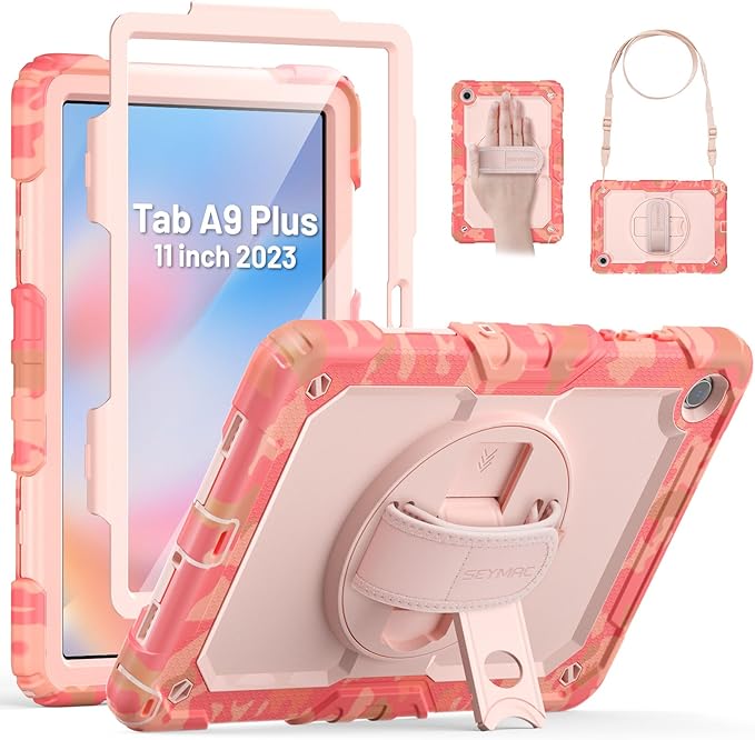 SEYMAC Case for Samsung Galaxy Tab A9+/ A9 Plus 11" (SM-X210/X216/X218), Heavy Duty Shockproof Protective Case with Screen Protector, Rotating Stand, Hand/Shoulder Strap, Multicolor/Pink