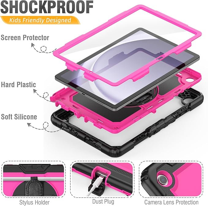 HXCASEAC Case for Samsung Galaxy Tab A9+/ A9 Plus 11 Inch, Protective with Screen Protector/Hand Strap/Pen Holder, Sturdy Shockproof Galaxy A9 Plus Tablet Case 2023 SM-X210/X216/X218 - Rose