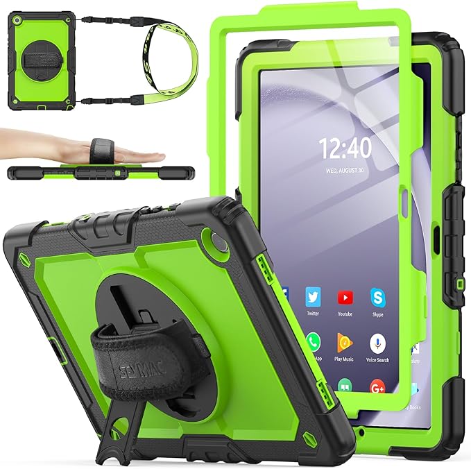 SEYMAC stock Case for Samsung Galaxy Tab A9+ Plus 11'', Full-Body Drop Protection Case with Screen Protector Pencil Holder [360° Rotating Hand Strap] &Stand, Green+Black
