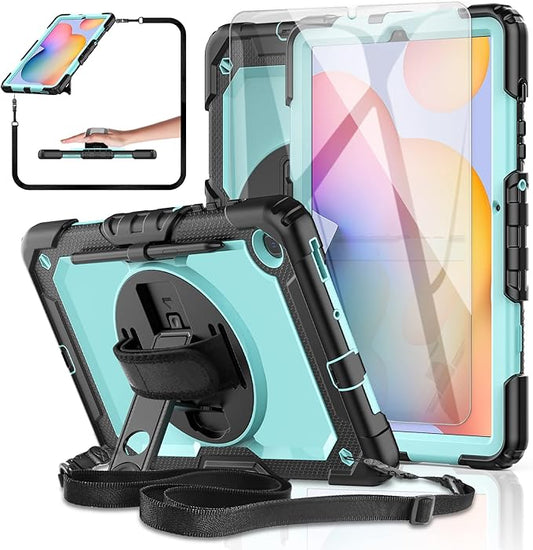 Tablet Case for Samsung Galaxy Tab S6 Lite 10.4 inch 2024/2022/2020 [with Tempered Glass Screen Protector], Rotating Kickstand/S Pen Holder/Shoulder & Hand Strap (SkyBlue)