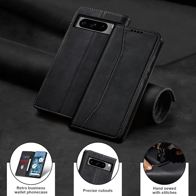 Jasonyu Flip Wallet Case for Google Pixel 8 Pro,Leather Magnetic Folio Cover with Card Holder,Kickstand - TPU Shockproof Durable Protective Phone Case,Black