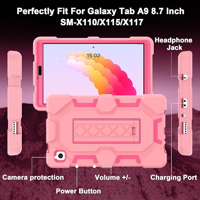 CCMAO Case for Samsung Galaxy Tab A9 Case 8.7 Inch 2023 Model (SM-X110/X115/X117), Heavy Duty Shockproof Hybrid Three Layer Protective Cover for Kids Boys Girls, Rose Gold+Rose