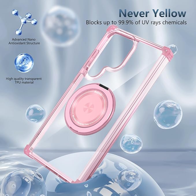 for Samsung Galaxy S23 Ultra Case Compatible with Magnetic Wireless Charging with 1 Screen Protector,for S23 Ultra Phone Case with Kickstand Ring Military Grade Drop Protection Shockproof Pink