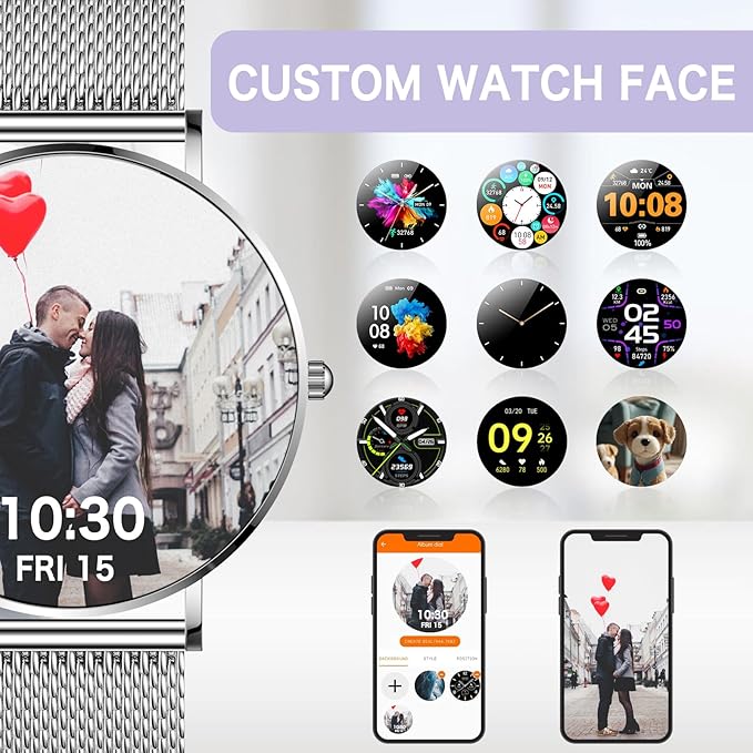 Smart Watch for Men and Women, 1.3 Inch Amoled HD Round Full Touch Screen Watch, Full Metal 6.8MM Ultra-Thin Case, Multiple Sports Modes, Compatible with Androidand iOS (Steel Silver)