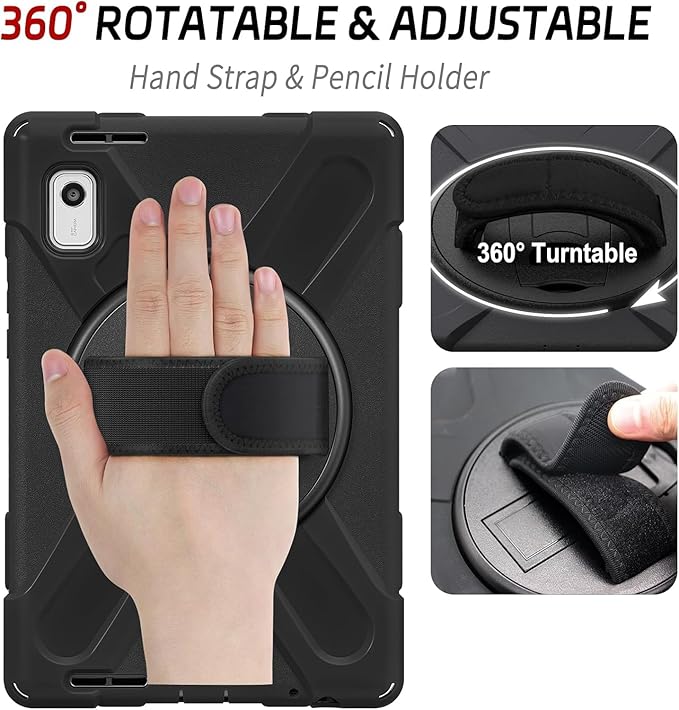 DreamerX for Lenovo Tab M9 Case 9.0 inch TB-310FU/TB-310FX, Heavy Duty Rugged Silicone Drop Protective Kids Cover with 360 Rotating Stand Handle Hand Strap Carrying Shoulder Strap Pencil Holder, Black