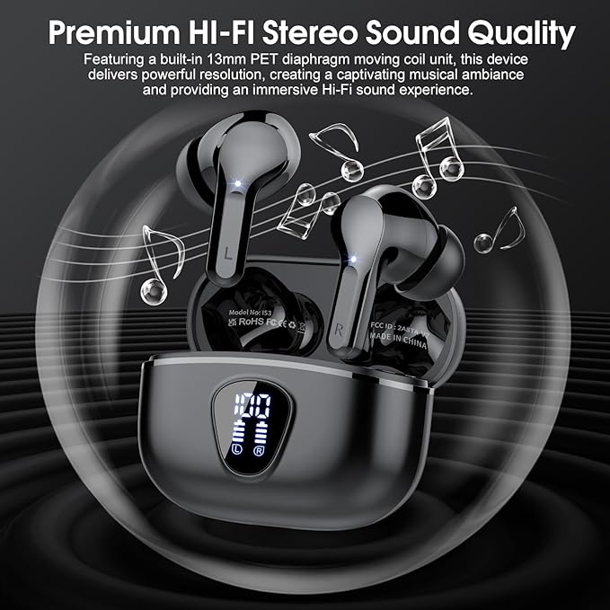Wireless Earbuds, Bluetooth 5.4 Headphones HiFi Stereo, Bluetooth Earbuds with ENC Noise Cancelling Mic, IP7 Waterproof in Ear Earphones, 48H, LED Display Ear Buds for Pad Workout Sports, Black