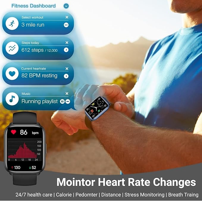 Smart Watch for Men Women, 1.8" Full Touch Screen Fitness Tracker with Heart Rate SpO2 Sleep Monitor, 100+ Sports 5ATM Waterproof Swim Smartwatch for Android iOS Phones (Black, 1.8")