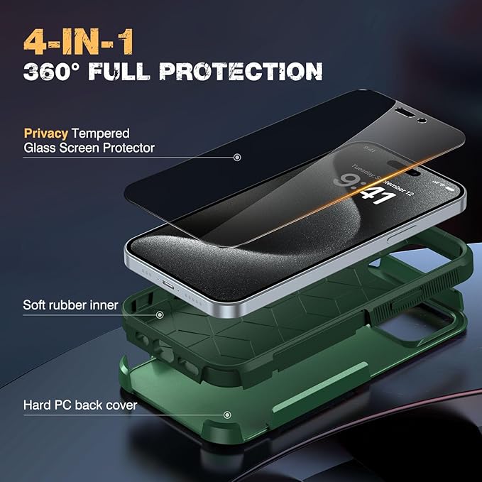 Diaclara Designed for iPhone 15 Pro Max Case, [with Privacy Screen Protector] [Anti Spy] [Military Grade Drop Protection] Heavy Duty Full-Body Shockproof Phone Case, Green