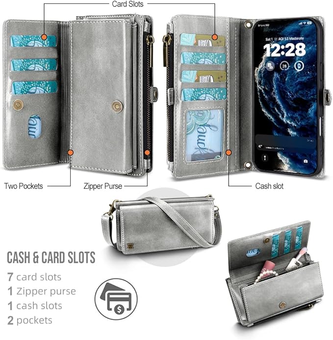 for iPhone 17 Pro Wallet Phone Case with 7 Card Holder,RFID Blocking | PU Leather | Kickstand | Flip | Wrist Strap&Shoulder Strap | Shockproof | Zipper Wallet | Women Men | 6.3" | Silvery