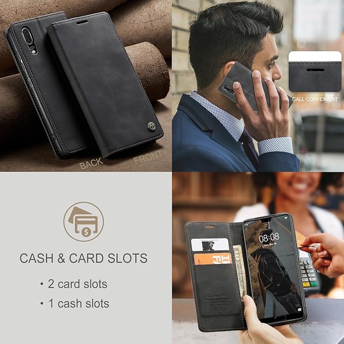 for Huawei P20 Case, Flip Wallet Leather Case with Card Holder Magnetic Closure Shockproof Kickstand Protective Phone Cases Cover for Huawei P20,Black