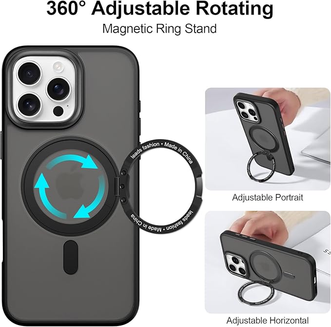 ZIYE Magnetic Case for iPhone 16 Pro Max Case with Stand [Compatible with MagSafe] Slim Shockproof Military Grade Heavy Duty Cover with 360 Rotatable Ring Kickstand for Women Men, Translucent Black