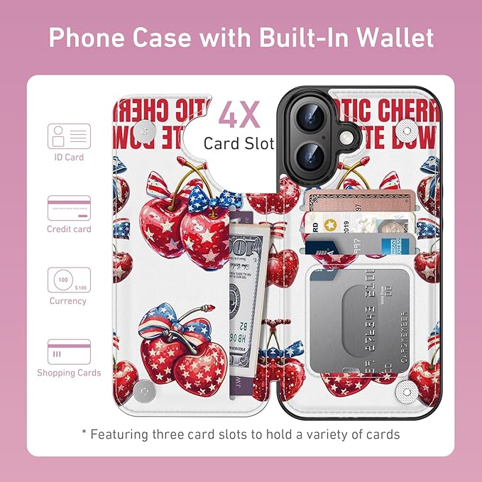 FUNMIKO for iPhone 16 Plus Wallet Case with Card Holder, RFID-Blocking, Military-Grade Protection & UV-Printed Artwork, Magnetic Closure with Leather Kickstand - Cherries with Bow