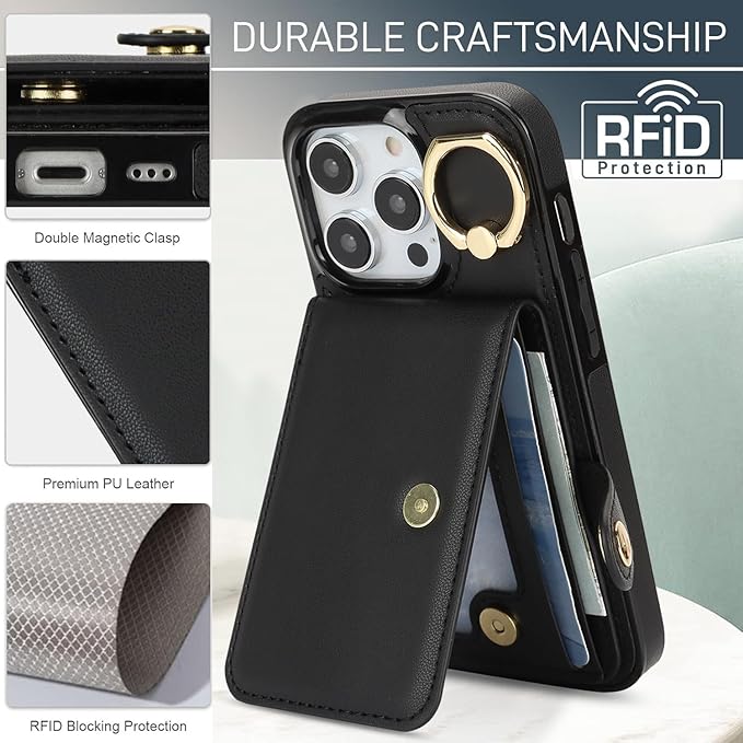 Compatible iPhone 16 Pro Wallet Case with Card Holder RFID Blocking PU Leather Doubles as a Wallet Unisex Flip Shockproof Protection with Card Slots Ring Wrist Kickstand Function,Black