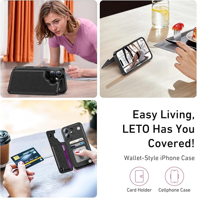 FUNMIKO for iPhone 16 Wallet Case with Card Holder, RFID-Blocking, Military-Grade Protection & UV-Printed Artwork, Magnetic Closure with Leather Kickstand - Black