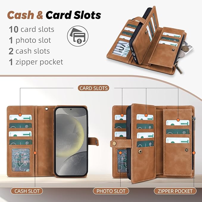 TwoHead for Samsung Galaxy S24 Wallet Case with Card Holder,Detachable Magnetic Phone Case for Galaxy S24,PU Leather Shockproof Protective Phone Cover Wallet with Wrist Strap(6.1 in,Brown)