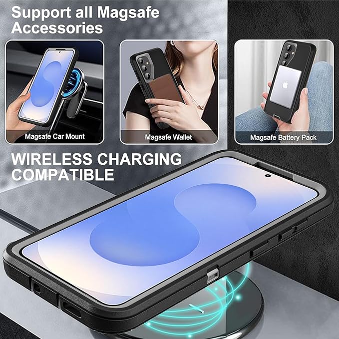 for Samsung Galaxy S25 Case, ONLY, [NOT FIT Galaxy S25 Edge/S25 Plus/S25 Ultra], Compatible with Magsafe, with 2Pcs Tempered Glass Screen Protector & Camera Lens Protector (New-Black/Grey)