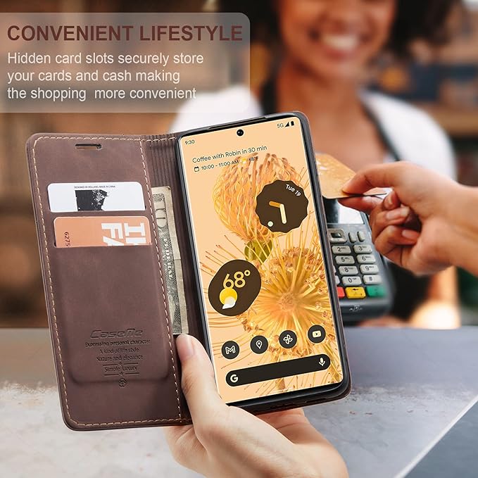 for Google Pixel 6 Pro Case, Flip Wallet Leather Case with Card Holder Magnetic Closure Shockproof Kickstand Protective Phone Cases Cover for Google Pixel 6 Pro,Coffee