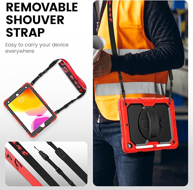 Timecity Case for iPad 9th/ 8th/ 7th Generation 10.2 inch - Heavy Duty Protective Cover with Screen Protector, Rotating Stand, Shoulder Strap & Pencil Holder | Kids-Friendly (Red)