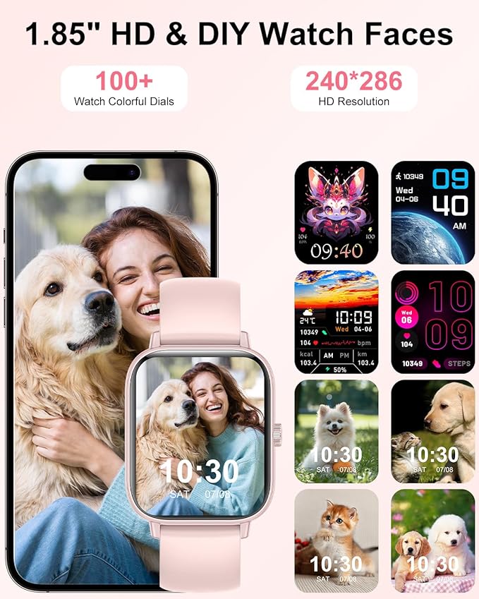 Smart Watch for Women with Bluetooth Call Answer/Dail,1.85" DIY Dial Fitness Watch with Heart Rate Sleep Monitor Step Counter 120+ Sports Modes Waterproof Women's Smart Watch for Android iOS (Pink)