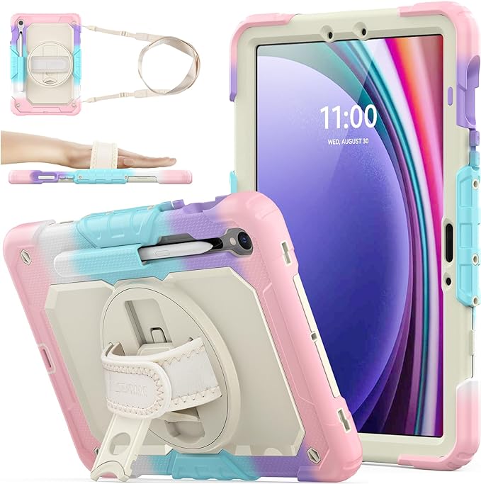 SEYMAC stock Case for Samsung Galaxy Tab S10 Lite / S10 FE / S9 FE 5G / S9 Tablet Case 10.9''/ 11'' Protective with Screen Protector, Pen Holder, 360 Rotate Stand, Hand Strap, Shoulder Strap,BeigePink