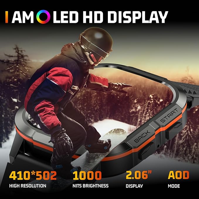 Smart Watch for Men - Make/Answer Call Military Smartwatch Mens for Android Phones iPhone Samsung Compatible, Waterproof Fitness Tracker with 110+ Sport Modes, 2 Straps (Orange, 2.06)