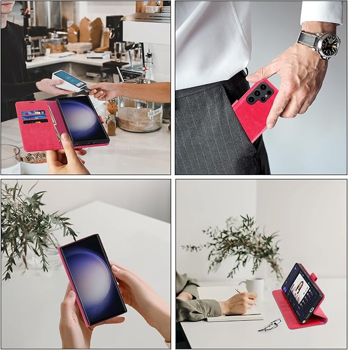 MONASAY Wallet Case Compatible for Galaxy S23 Ultra 5G,[RFID Blocking] Flip Folio Leather Cell Phone Cover with Credit Card Holder, 6.8 inch, Hot-Pink