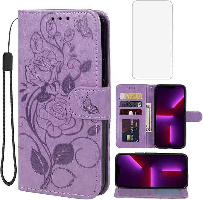 Case for iPhone 13 Case, iPhone 14 Wallet Case with Tempered Glass Screen Protector, Flower Leather Flip Credit Card Holder Stand Phone Cover Cases for iPhone 14 Purple
