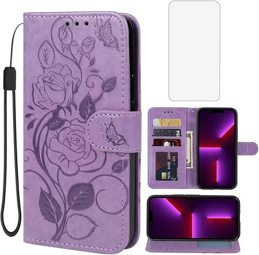 Case for iPhone 13 Case, iPhone 14 Wallet Case with Tempered Glass Screen Protector, Flower Leather Flip Credit Card Holder Stand Phone Cover Cases for iPhone 14 Purple