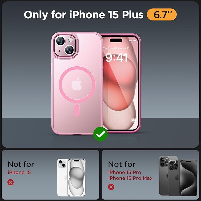 Miracase Magnetic for iPhone 15 Plus Case 6.7 inch (Compatible with MagSafe)（with 2X Screen Protectors） Military-Grade Protection, Anti-Fingerprint Translucent Matte Phone Cover, Mes Pink