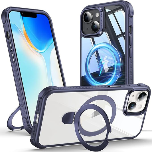 Anqrp O-Ring Magnetic Kickstand Clear Case for iPhone 14/13, Compatible with Mag-Safe, Military-Grade Reinforced 4-Corners Anti-Yellowing Transparent Phone Case Cover for iPhone 13/14, Blue