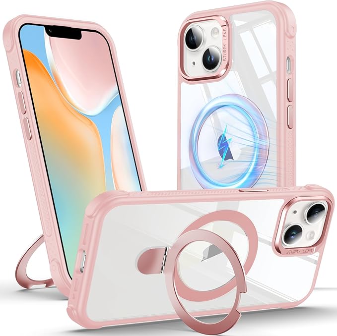 Anqrp O-Ring Magnetic Kickstand Clear Case for iPhone 14/13, Compatible with Mag-Safe, Military-Grade Reinforced 4-Corners Anti-Yellowing Transparent Phone Case Cover for iPhone 13/14, Pink