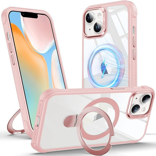 Anqrp O-Ring Magnetic Kickstand Clear Case for iPhone 14/13, Compatible with Mag-Safe, Military-Grade Reinforced 4-Corners Anti-Yellowing Transparent Phone Case Cover for iPhone 13/14, Pink