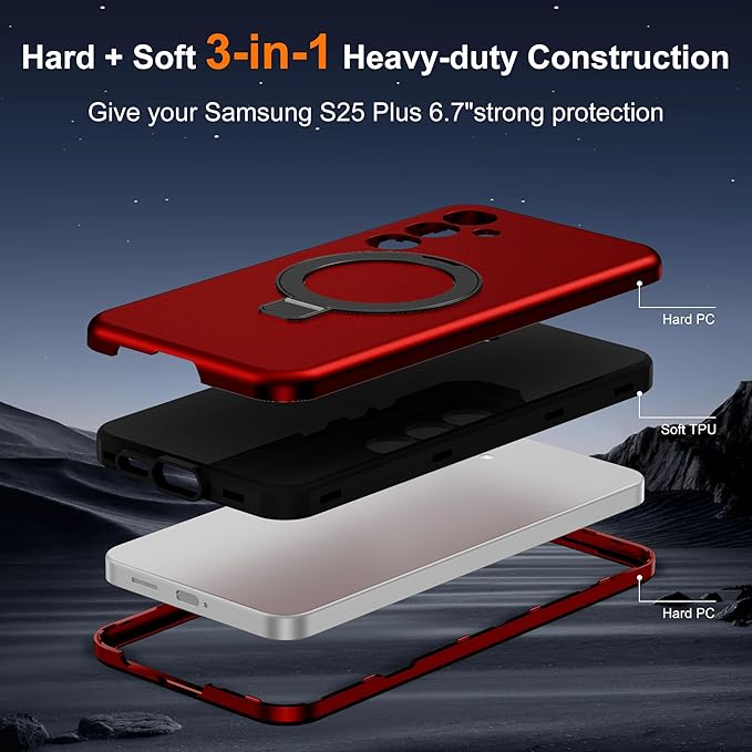 Designed for Samsung Galaxy S25 Plus Case with Magnetic Ring Stand [Compatible with Mag-Safe][Military Grade Drop Protection][Build in Kickstand] Shockproof Galaxy S25+ Phone Case 6.7",Red