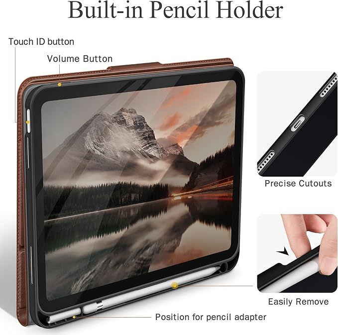 auaua Case for iPad (A16) 11th Generation 11 Inch 2025, iPad 10th Generation 10.9 Inch 2022, with Pencil Holder and Pocket, Typing Angle Muti-Stand Magnetic Closure Auto Sleep/Wake (Brown)