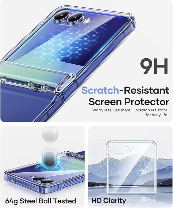 Vihibii for Samsung Galaxy Z Flip 7 Case Clear, [Non-Yellowing] & Hinge Protection & Outer Screen Protector, Compatible with Wireless Charging, Shockproof Slim Case for Samsung Z Flip 7 5G 2025, Clear