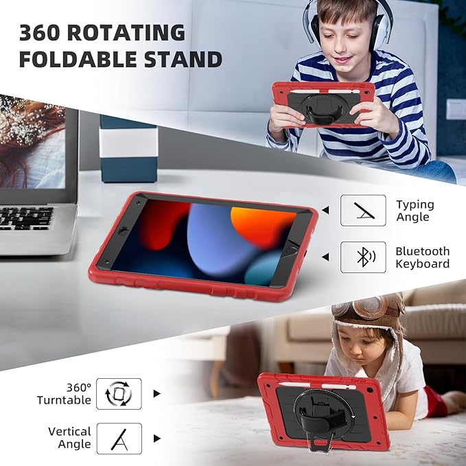 Case for iPad 9th/8th/7th Generation-Built-in Screen Protector,with Pencil Holder&360°Rotating Hand Strap,Shoulder Strap,Case for iPad 10.2 inch 2021-2019(Red/Black)