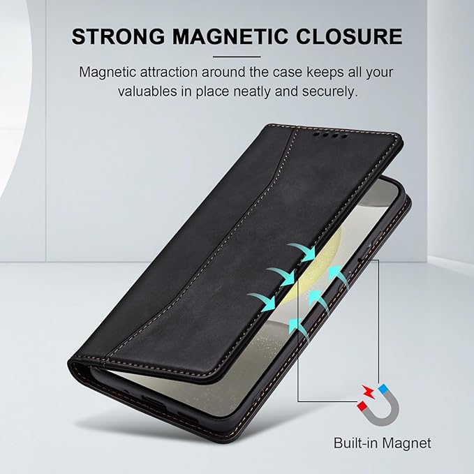 Jasonyu Flip Wallet Case for Samsung S24 Plus/S24+ 5G,Leather Magnetic Folio Cover with Card Holder,Kickstand - TPU Shockproof Durable Protective Phone Case,Black