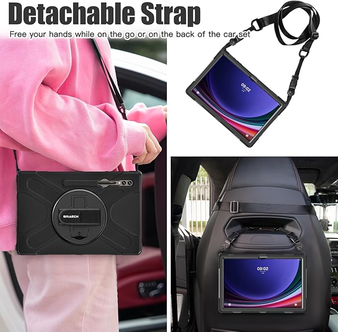 BRAECNstock for Samsung Galaxy Tab S10 Ultra/S9 Ultra/S8 Ultra Case 14.6" 2024/2023/2022 Shockporoof Samsung Tablet 14.6 inch Case with Pencil Holder Rotating Hand Strap & Stand Shoulder Strap - Black