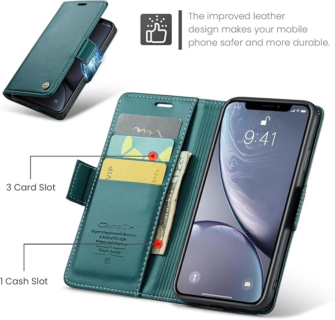 for iPhone XR Case, Premium PU Leather Wallet Case Flip Cover with [RFID Blocking][Card Holder][Stand Function] Shockproof Protective for Apple iPhone XR, Blue-Green