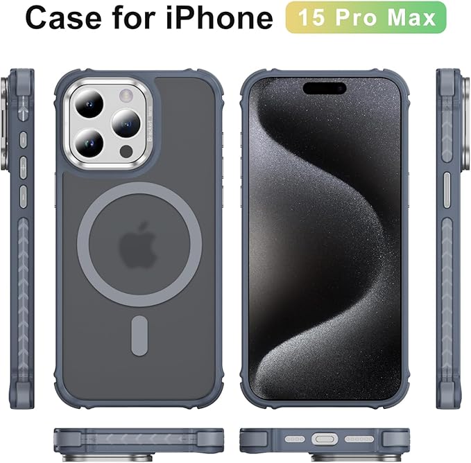 Magnetic for iPhone 15 Pro Max Case Gray with MagSafe Wireless Charging Heavy Duty Military-Grade Shockproof Protection Adjustable Kickstand Slim Matte Anti-Fingerprint Cover Men Women