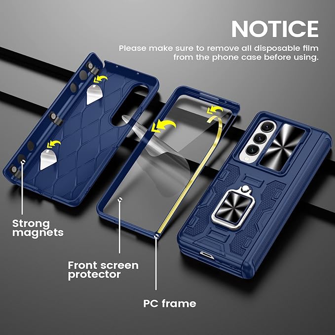 VEGO for Galaxy Z Fold 4 Case with Kickstand, Hinge Protection & Belt Clip Holster & Front Screen Protector & Slide Camera Cover Magnetic Kickstand Cover - Midnight Blue