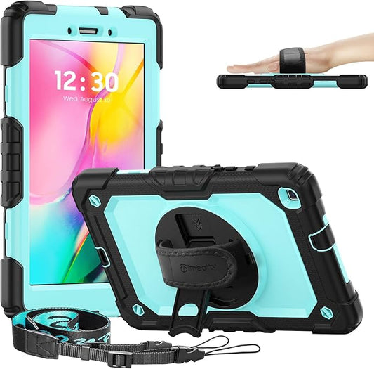 Timecity Tablet Case for Samsung Galaxy Tab A 8.0 2019 Release (Only Fit SM-T290/T295/T297), Tablet Case Protector with Rotating Stand Screen Protector Handle Shoulder Strap, Black/Light Blue
