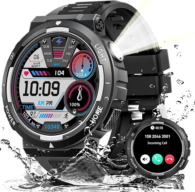 Military Smart Watches for Men (Answer/Make Calls) with LED Flashlight 3ATM Waterproof Smartwatch with 100+ Sports Modes 1.53" Fitness Tracker with Heart Rate Monitor for iPhone Android