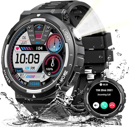 Military Smart Watches for Men (Answer/Make Calls) with LED Flashlight 3ATM Waterproof Smartwatch with 100+ Sports Modes 1.53" Fitness Tracker with Heart Rate Monitor for iPhone Android