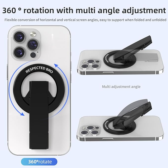 Magnetic-Phone-Grip-Stand, Magnetic Phone Ring Holder Kickstand with Silicone Finger Strap, Compatibility for iPhones, Androids, and More (Black)