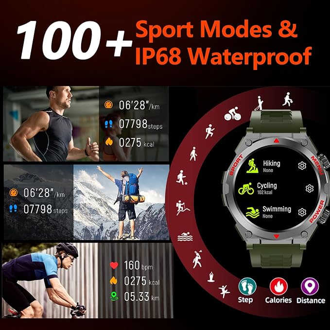 Military Smart Watch for Men With AI Q&A (Answer/Make Call/SMS Reply), 1.52" HD Smartwatch for Android Phones/iPhone, 100+ Sport Mode Fitness Tracker with HR, SpO2, Sleep Monitor, IP68 Waterproof
