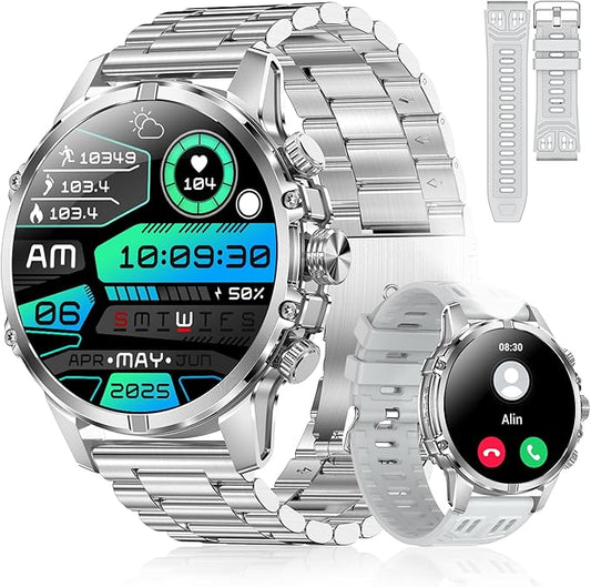 Indestructible Military Smart Watches for Men (Answer/Make Call) 1.85 Amoled IP67 Waterproof Smartwatch with Flashlight 129 Sports Mode Fitness Tracker 100 Days Battery for Android iPhone Silver