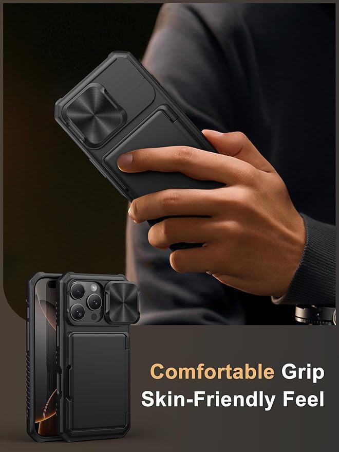 Vihibii for iPhone 16 Pro Case Wallet with Card Holder (4 Cards) [RFID Blocking] & Slide Camera Cover, Military Grade Drop Protection, Rugged Hard Back & Silicone Edge Phone Cover, 6.3" 2024, Black