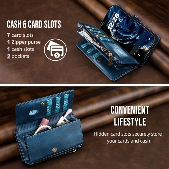 for iPhone 17 Pro Wallet Phone Case with 7 Card Holder,RFID Blocking | PU Leather | Kickstand | Flip | Wrist Strap&Shoulder Strap | Shockproof | Zipper Wallet | Women Men | 6.3" | Blue